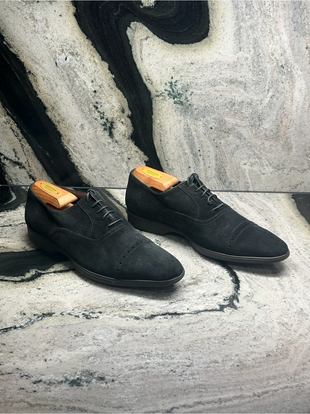 A.Testoni Black Label Men’s UK 8 US 9 Black Suede Cap Toe Oxfords Italy